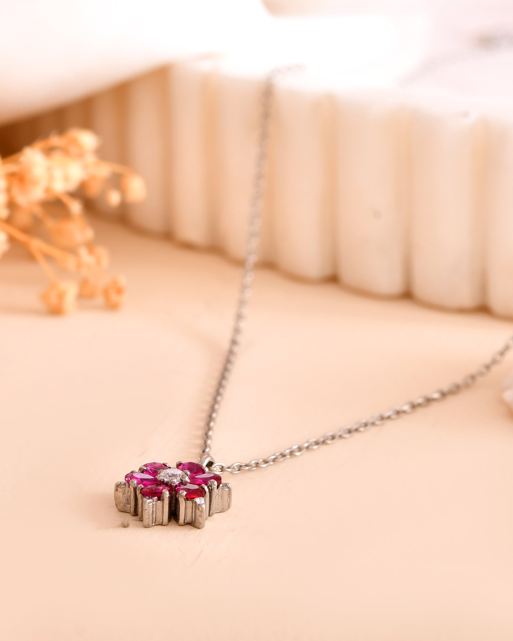 Pink Floral 925 Sterling Silver Chain Pendant